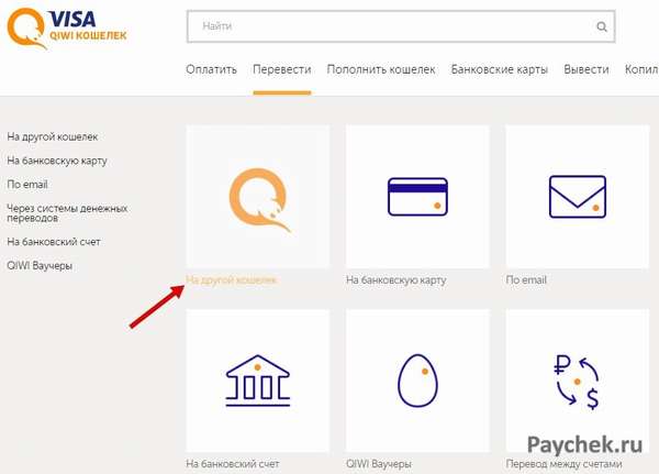 Перевод на другой кошелек через личный кабинет QIWI