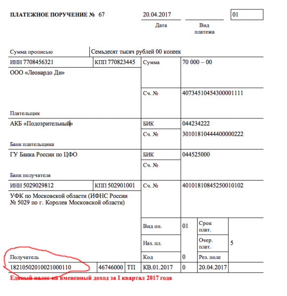 Платёжка по ЕНВД за первый квартал 2017 года