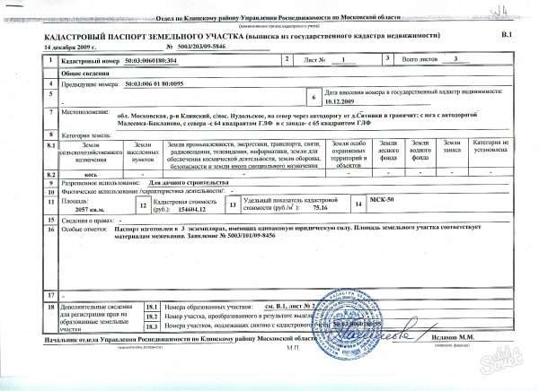 Образец кадастрового паспорта участка