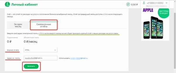 Подключение ежемесячной детализации в личном кабинете Мегафон