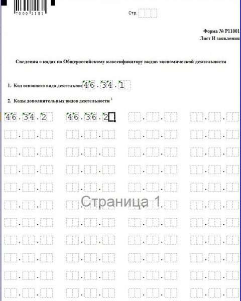 Заявление о государственной регистрации юрлица, сведения о видах экономической деятельности
