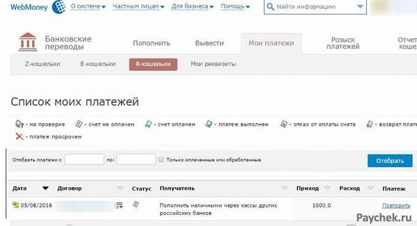 Список платежей WebMoney