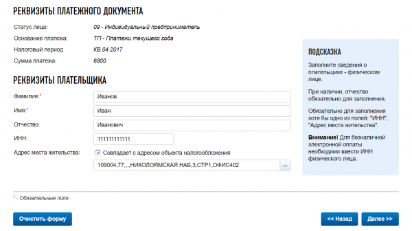 Сайт ФНС: данные о плательщике