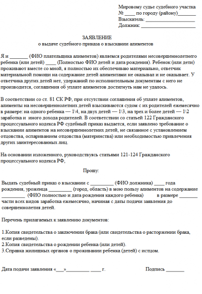 Образец заявления на выдачу судебного приказа