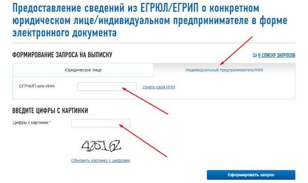 Форма запроса в реестр ЕГРИП для получения заверенной выписки на сайте ФНС