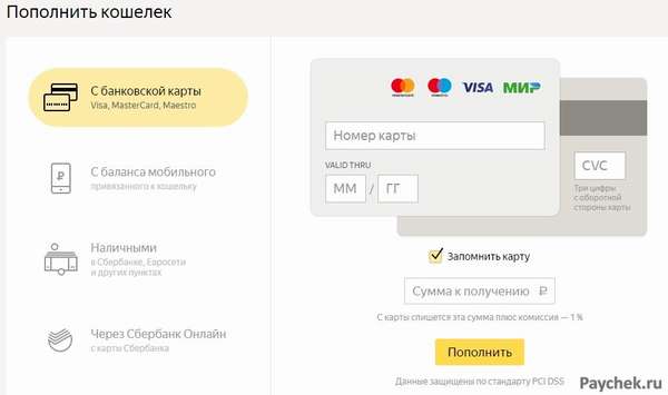 Пополнение Яндекс Кошелька с с банковской карты