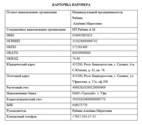 Шаблон карты партнёра для ИП