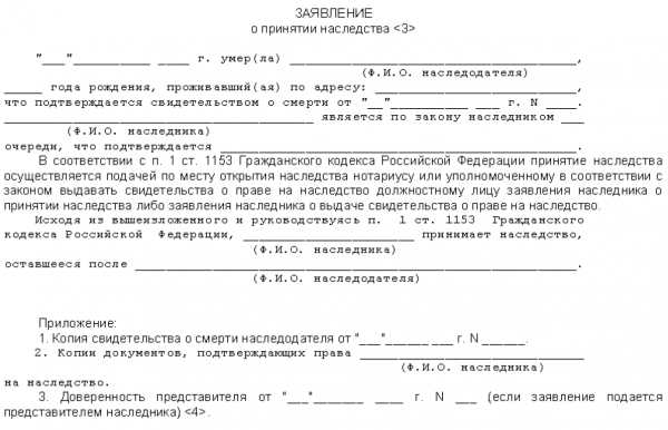 Образец заявления о принятии наследства