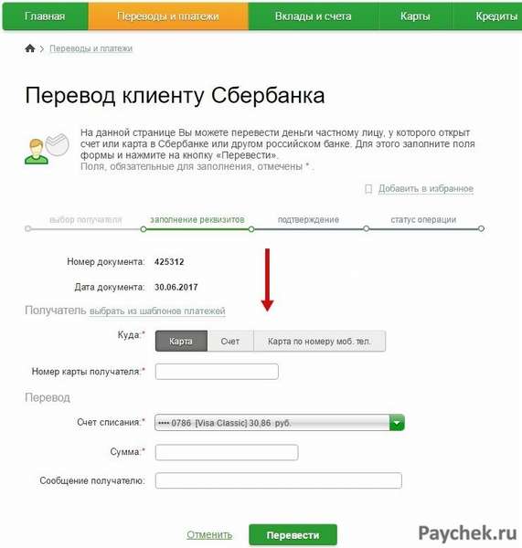 Денежный перевод клиенту Сбербанка по карте