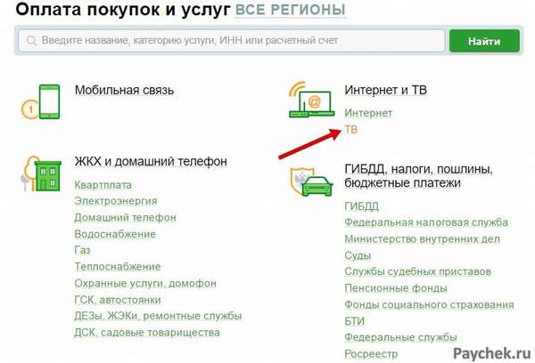 Оплата услуг ТВ в личном кабинете Сбербанк Онлайн