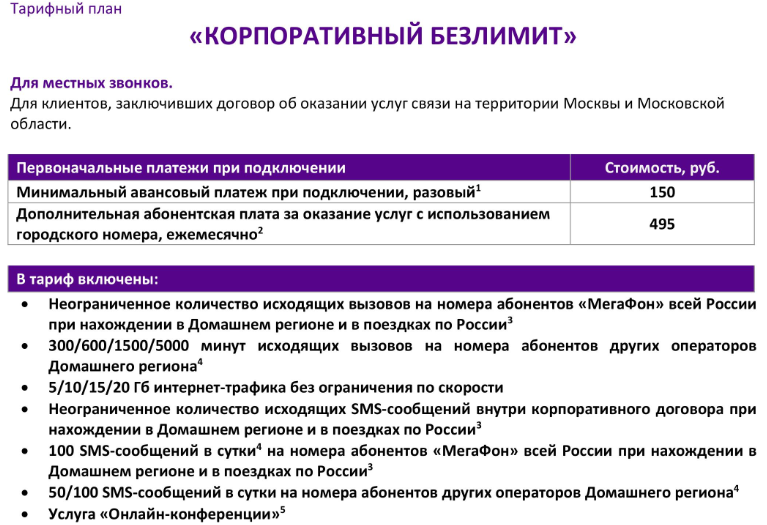 Описание тарифа «Корпоративный безлимит» от МегаФон