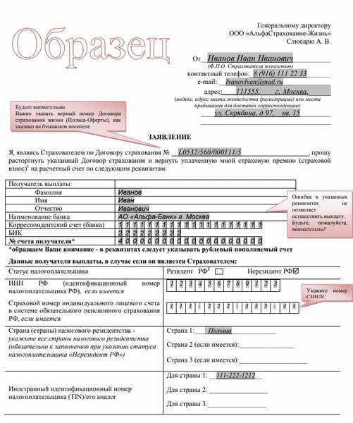 Как вернуть страховку по кредиту в Альфастрахование в 2019 году: образец заявления, порядок действий и отзывы