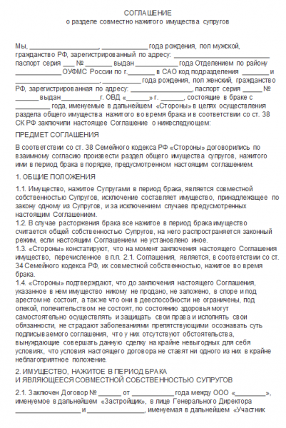 Бланк соглашения о разделе совместно нажитого имущества супругов