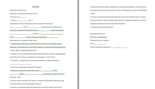 Образец решения о проведении реорганизации путём выделения
