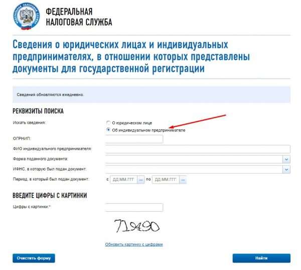 Форма запроса информации об ИП, которые только подали документы на регистрацию