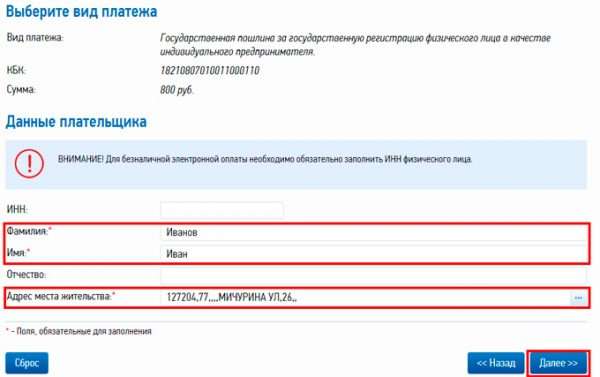 Скриншот страницы сайта ФНС для заполнения личных данных в квитанции на оплату госпошлины